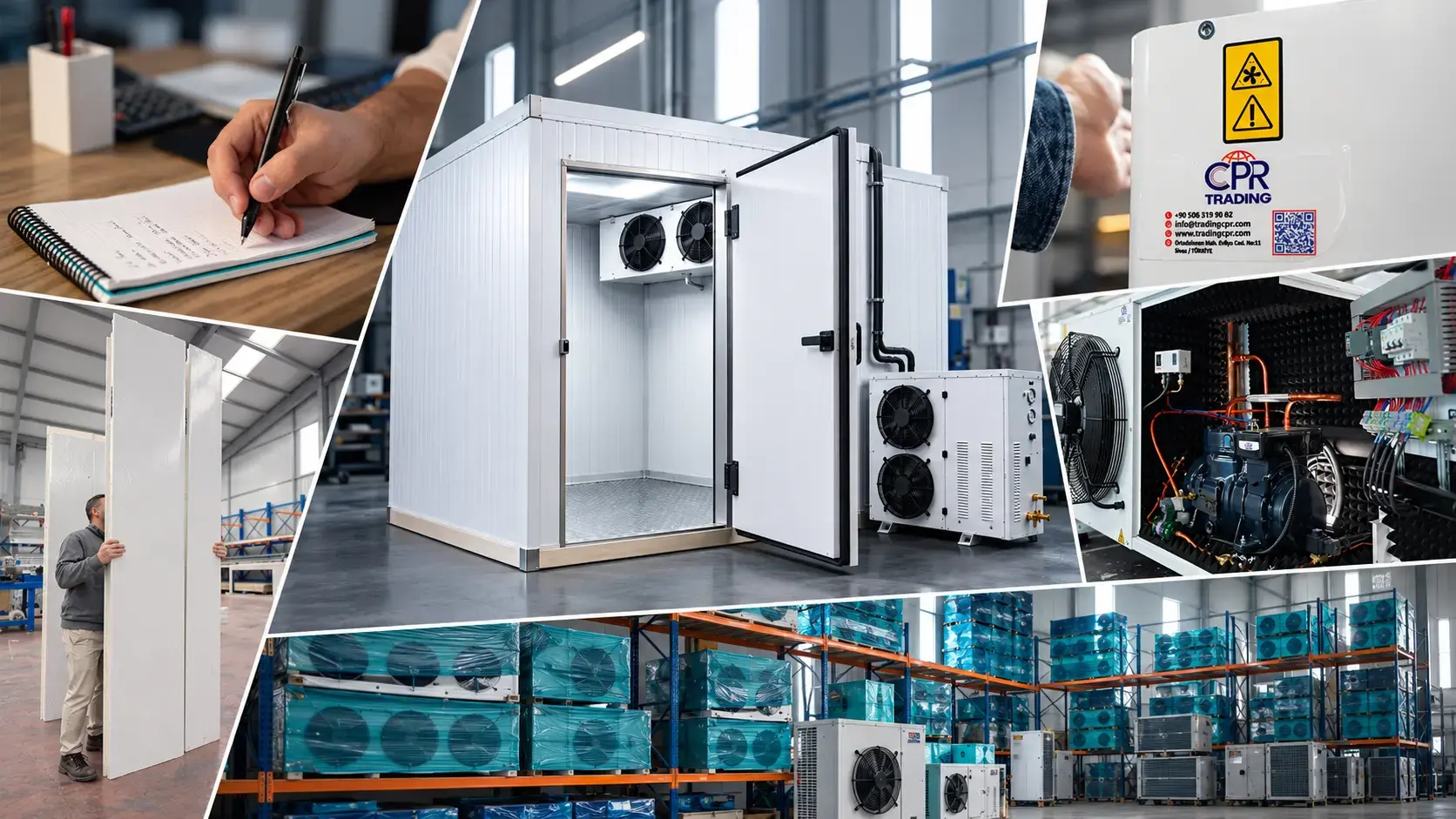 Cold-room assembly showing insulated panels, an open door and refrigeration equipment