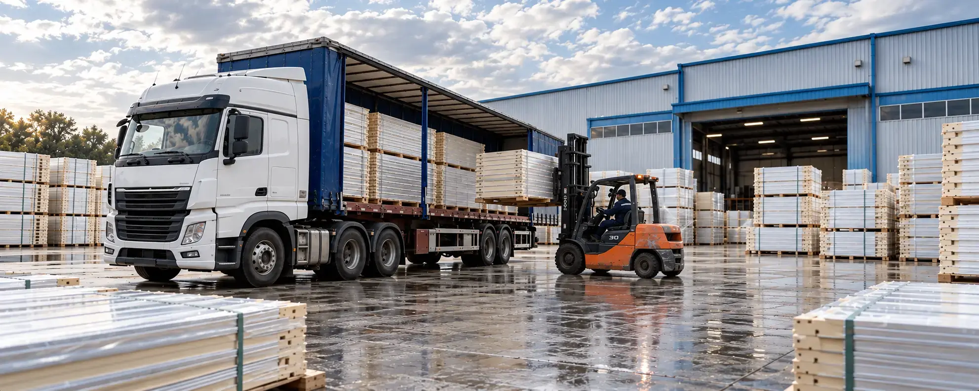 Refrigeration equipment being loaded onto a truck at a warehouse